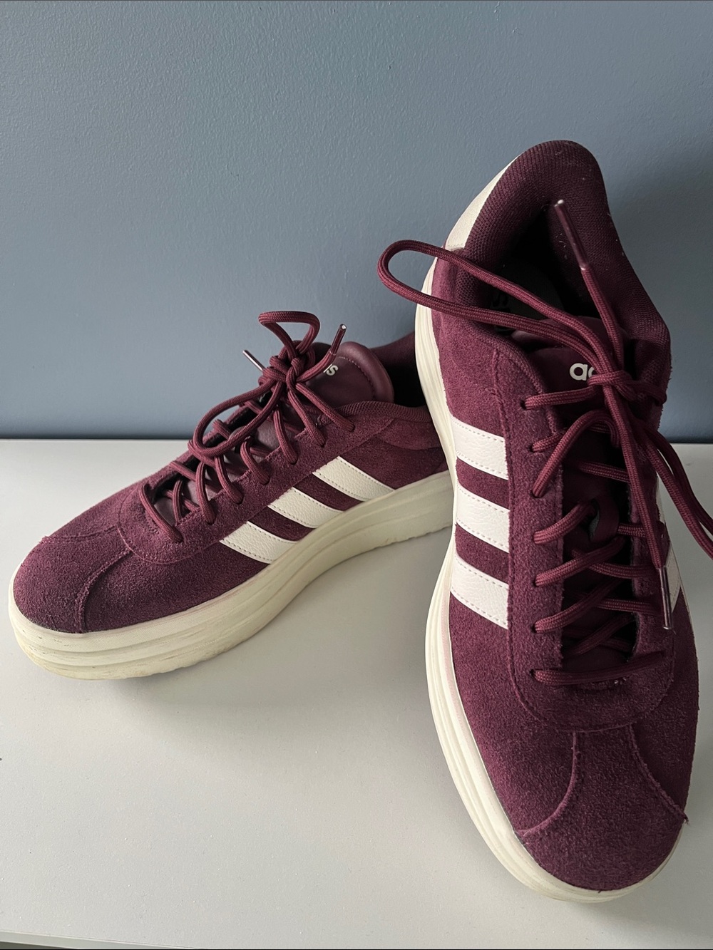 adidas Women's Burgundy Suede Platform Sneakers with White Stripes